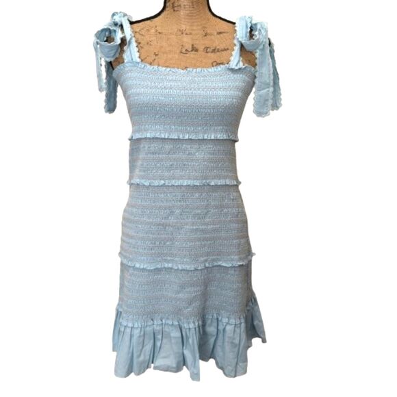 NWT Chelsea & Violet Smocked Mini Dress Ruffle Tiered Mayan Blue Size Large - Picture 1 of 7